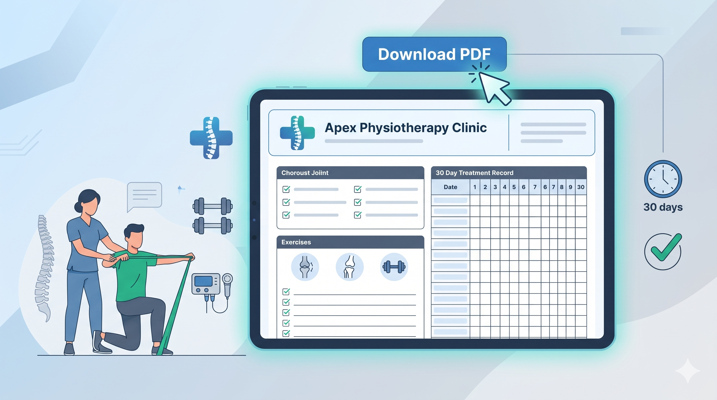 Generate, preview, and download custom 30-day physiotherapy treatment charts and SOAP notes for your clinic instantly. Free online PDF tool for physios.